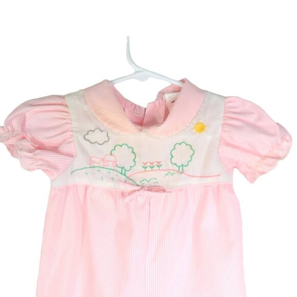 Vintage Pink White Micro Stripe Embroidered Peter Pan Collar Baby Girl Jumpsuit - Picture 2 of 6